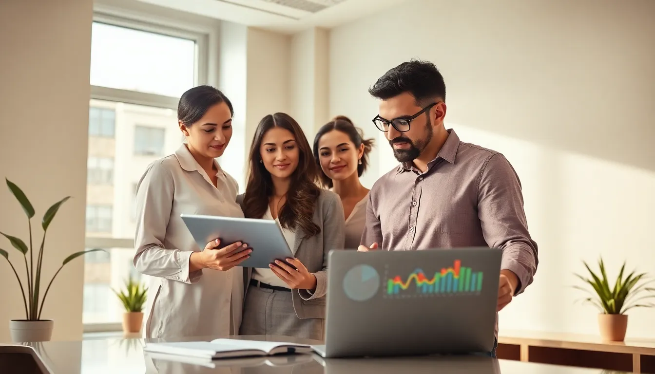 diverse team analyzing numerical concepts in a modern office.